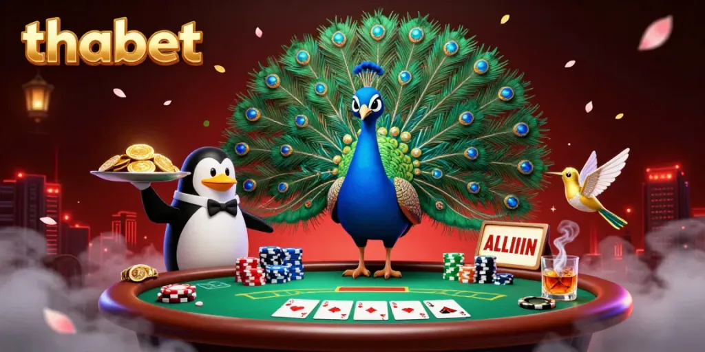 Experience thabet with a visually stunning 3D scene featuring vibrant casino elements and animated characters.
