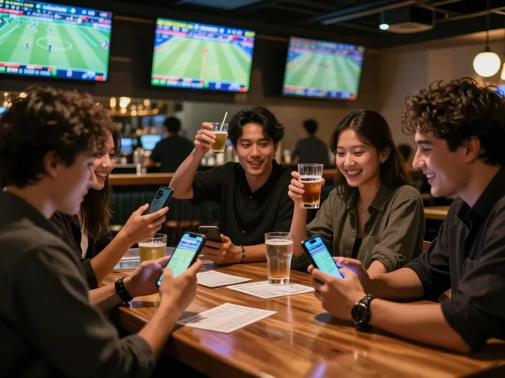 Excited bettors analyzing odds at ku88q during a live sports event at a trendy bar.