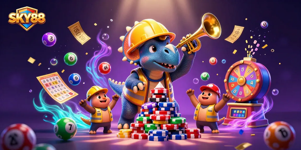 Engage with SKY88's exciting casino experience featuring a lively dinosaur scene with vibrant gambling elements.