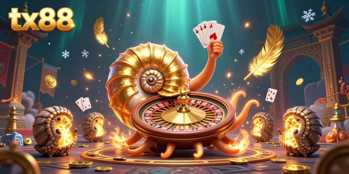 Experience the thrilling world of tx88 with an ancient giant nautilus roulette wheel and glowing ammonite companions in a vibrant casino setting.