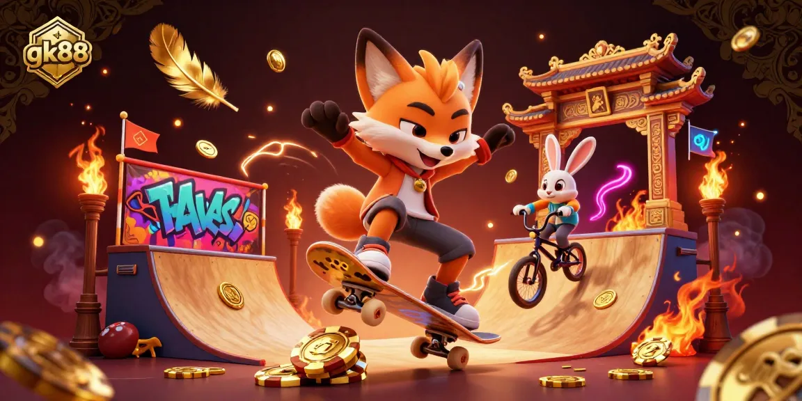 Join the excitement at gk88 with a vibrant 3D illustration of casino-themed characters and lively gaming elements.