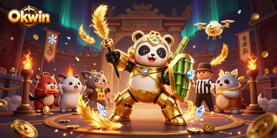 Experience thrilling gameplay with Okwin's dynamic casino illustration showcasing an energetic battle arena.