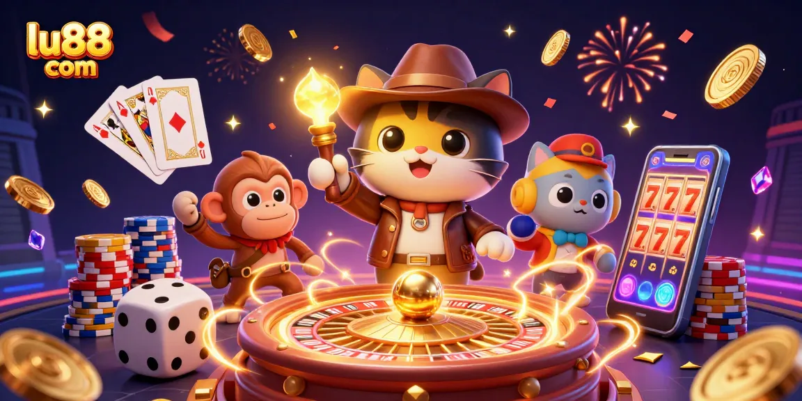 Engage in the exciting world of lu88 com with an illustrated casino adventure featuring treasures and games.