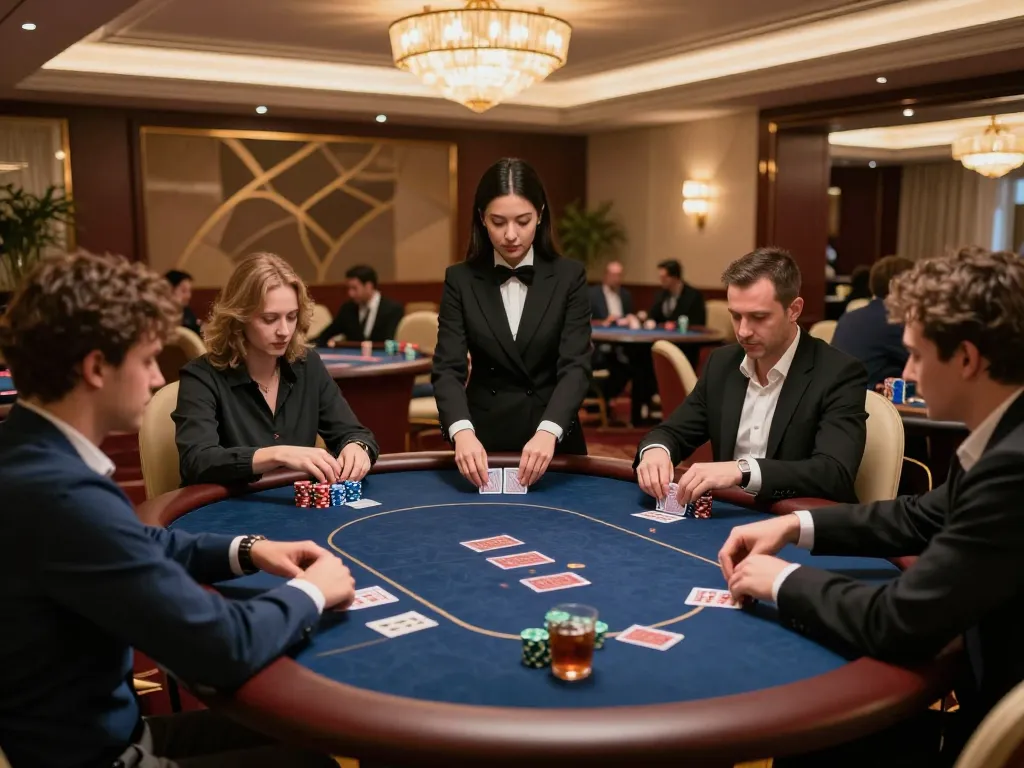 Players strategizing at a VIP poker table in an exclusive 8kbet casino environment, enhancing gaming experience.
