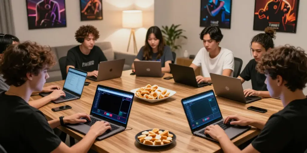 FABET players immersed in dynamic online gaming with devices in modern living room.
