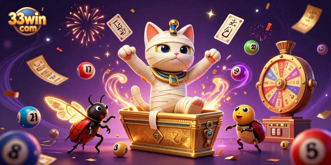Experience excitement with 33win com in this vibrant casino scene featuring animated lottery fun!