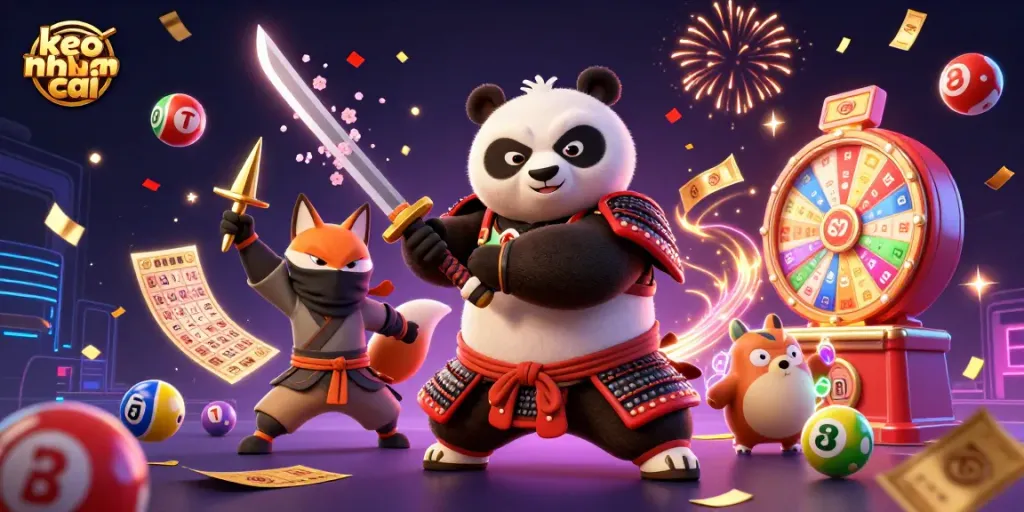Engage in exciting gaming with keo nha cai featuring a cartoon samurai panda amidst vibrant lottery elements.