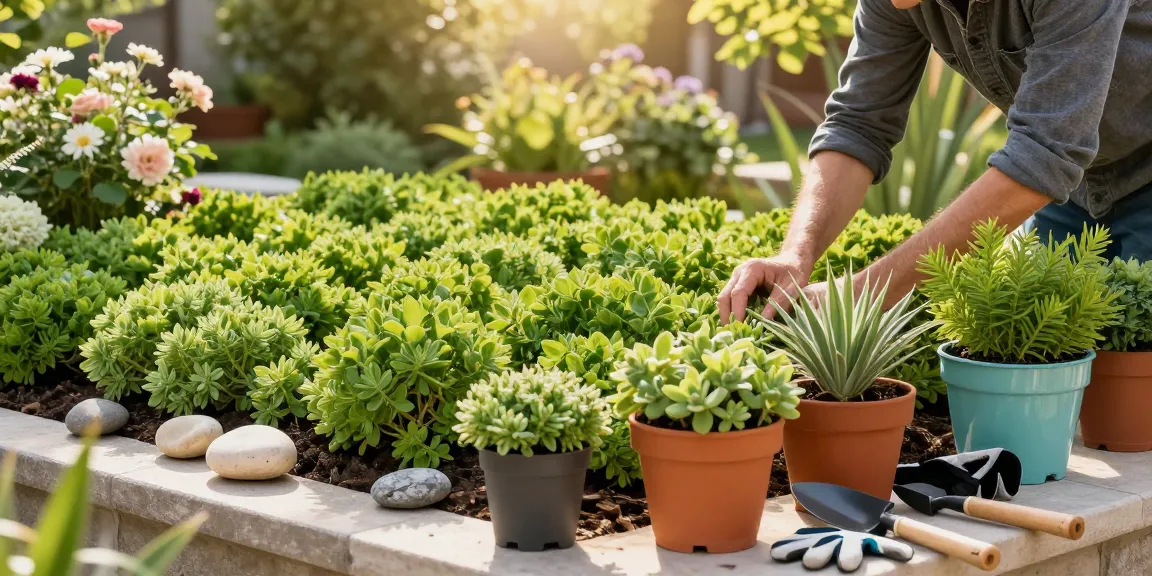 Sedumdaken installeren in een serene tuin met levendige planten en gereedschap.