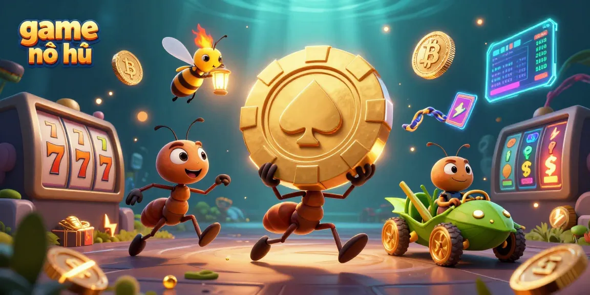 Experience the excitement of game nổ hũ with vibrant ants heisting a giant poker chip in an engaging casino scene.