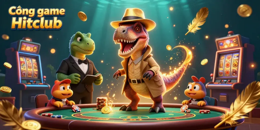 Cổng game Hitclub elevates the gaming experience with a vibrant scene of animated characters engaging at a blackjack table.