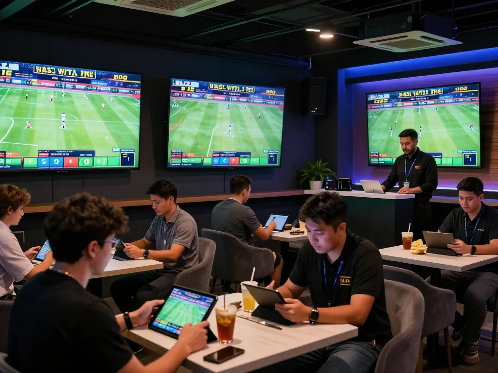 Engaged bettors analyzing odds at SC88's live sports betting area