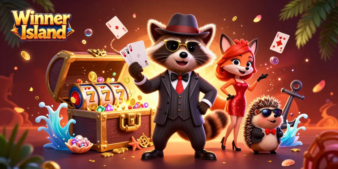 Win big at Winner Island with a raccoon holding a royal flush amidst vibrant casino visuals.