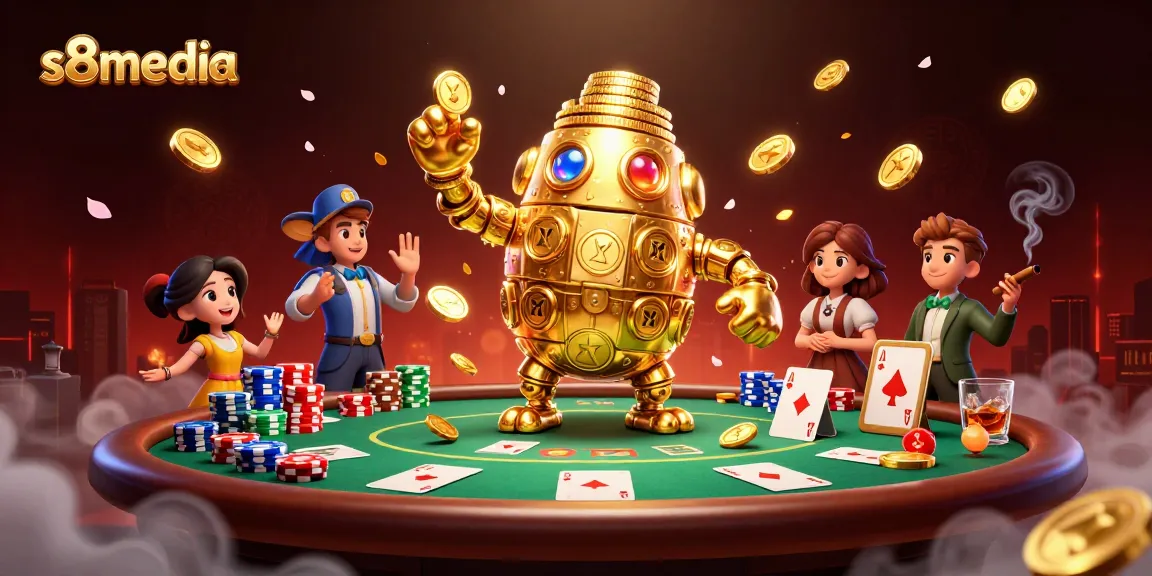 Engage with s8media's thrilling gaming universe featuring a vibrant golden golem and poker elements.