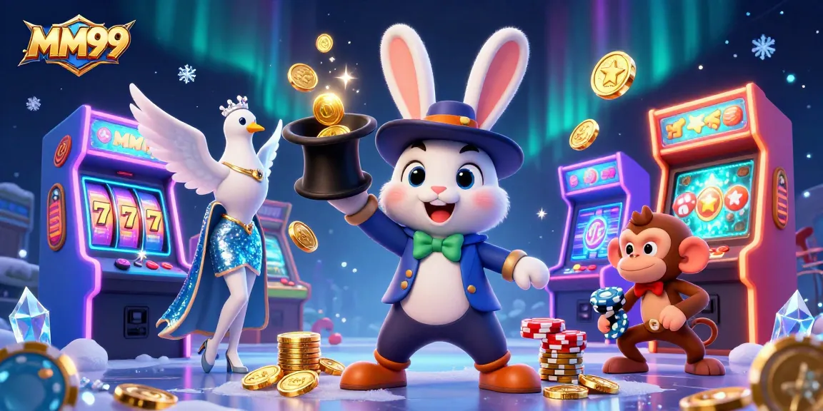 Experience the excitement of MM99 with a magical scene of winning coins and playful characters.