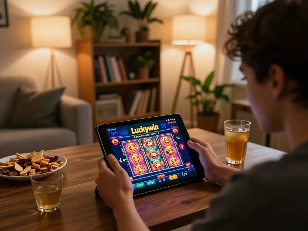 Engaging in online gaming on the Luckywin app while relaxing at home.