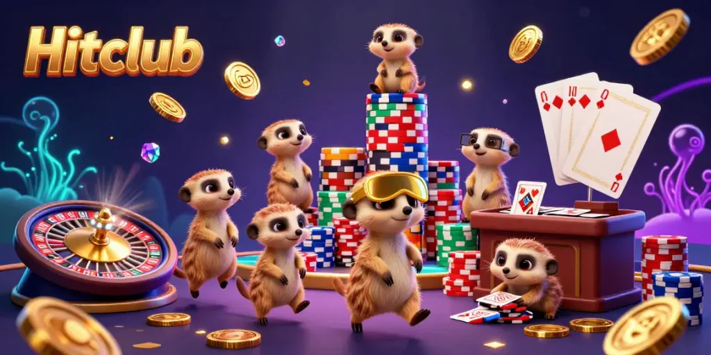 Experience the excitement of Hitclub with meerkats running a lively casino scene filled with vibrant games.