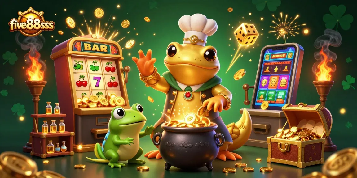 Engage in exciting gaming at five88sss with dynamic illustrations of gold coins, slot machines, and alchemical characters.