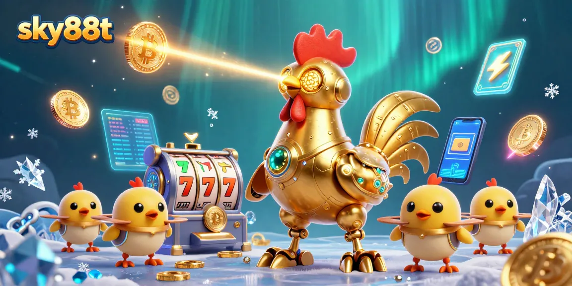 Engage with sky88t's vibrant casino world, featuring golden rooster robots and dazzling slot games.
