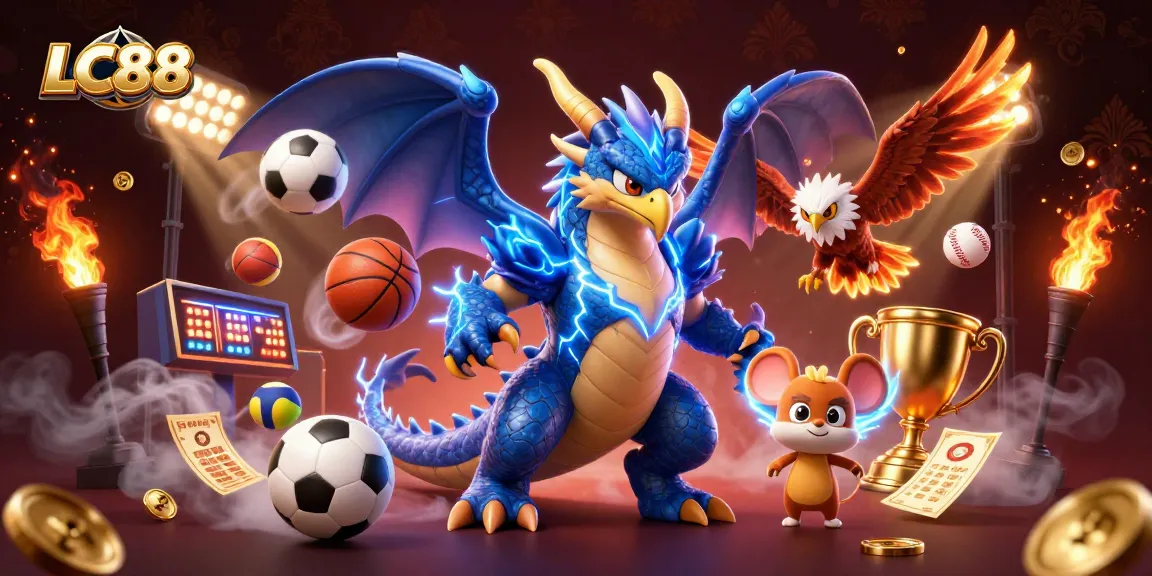 Engage in thrilling betting with LC88 featuring dynamic characters and vibrant casino elements.