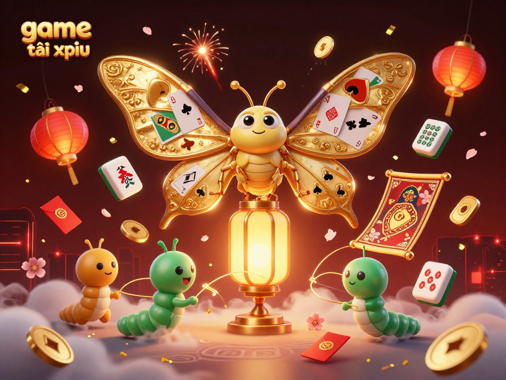 Experience game tài xỉu with a vibrant illustration of golden moths and casino themes in action.