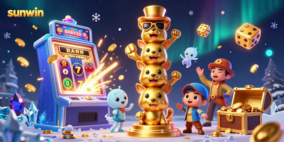 Sunwin showcases an exciting jackpot explosion with a 3D cartoon totem and slot machine bursting with coins and symbols.