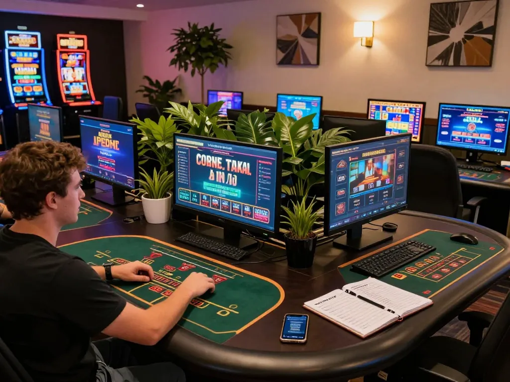 Engaged player enjoying 888slot games on multiple screens while formulating strategies.
