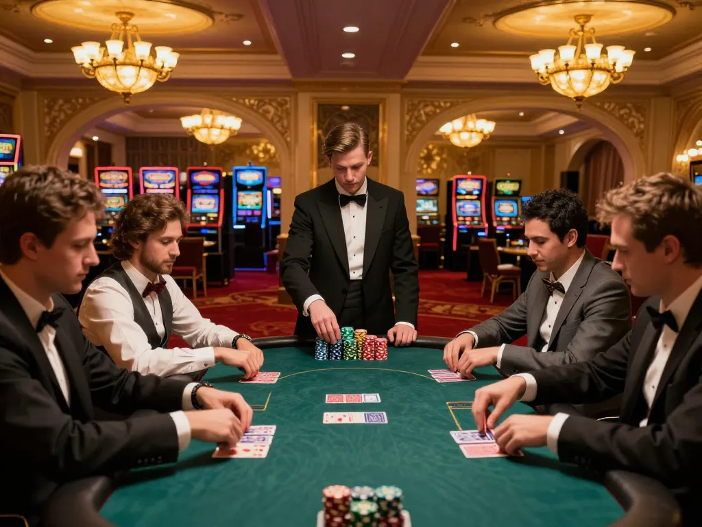 Players engaging in strategic poker at 98win9 casino under warm chandelier lights