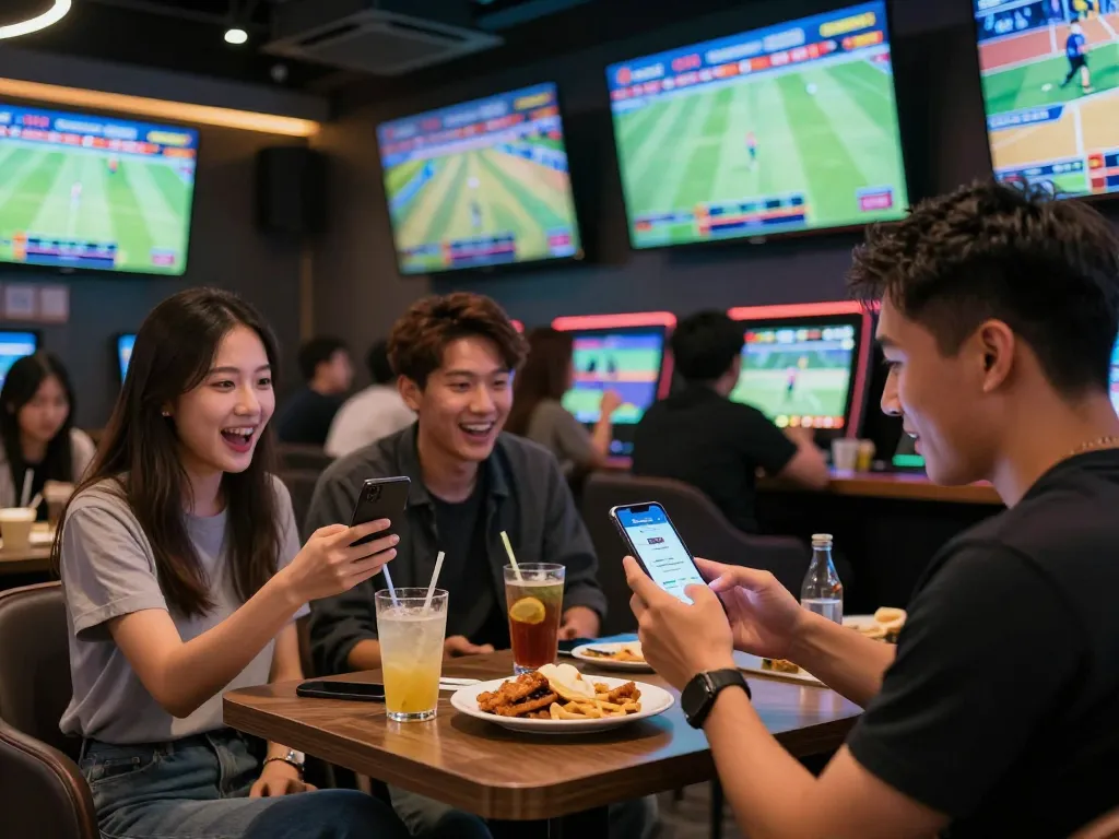 Watching live sports betting on lode88vi mobile app in a stylish lounge with enthusiastic players.
