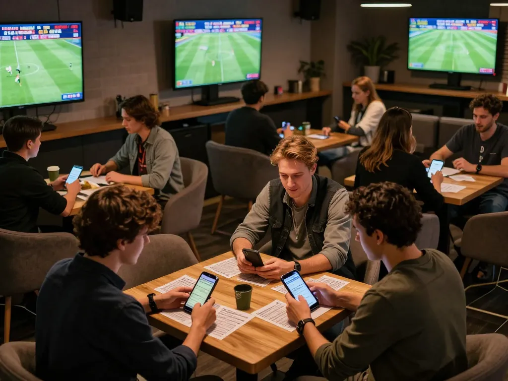 Engaging in kèo nhà cái sports betting at a modern lounge with live match screens, excitement evident