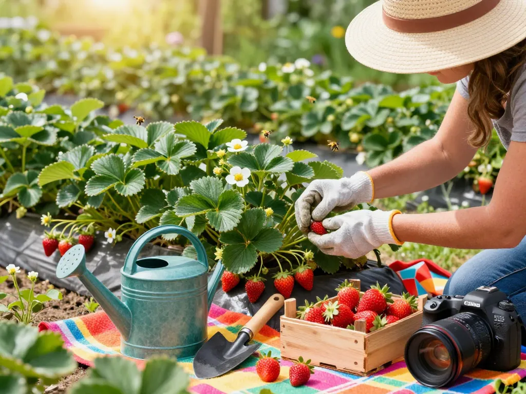 Explore delightful aardbeienplanten kopen in a lush garden, showcasing ripe strawberries and gardening tools.