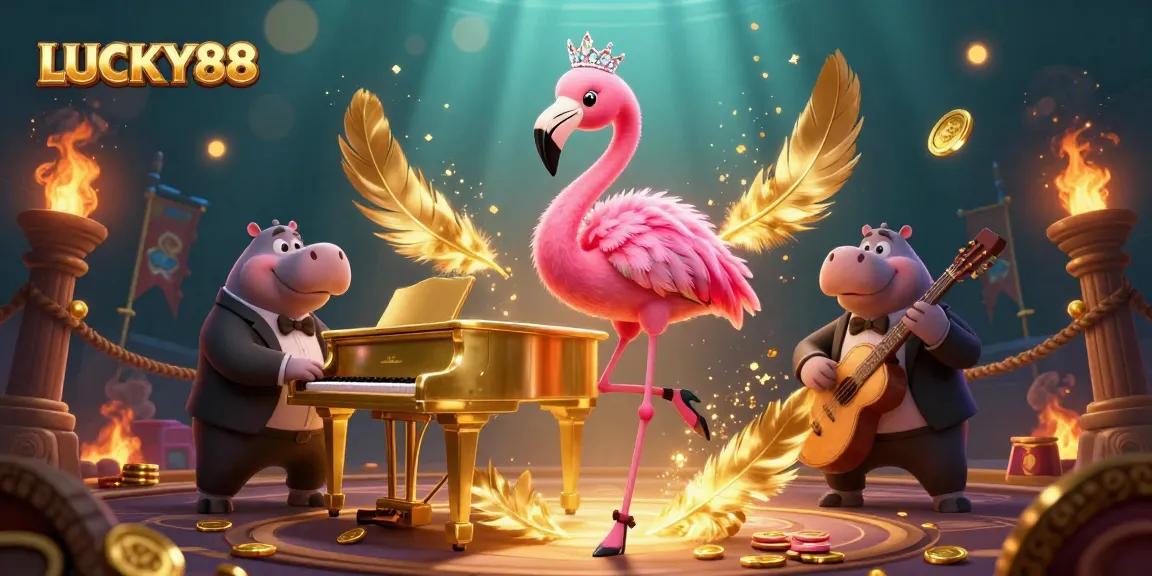 Spin the reels with LUCKY88 in a dazzling casino scene showcasing vibrant musical characters.