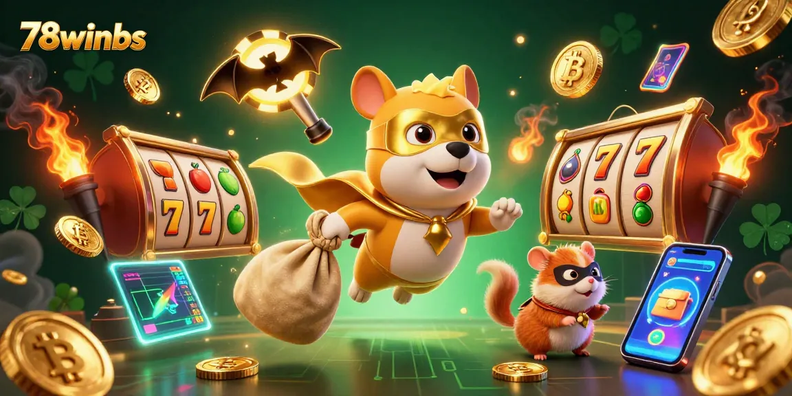 Experience thrilling slots with vibrant 78winbs character illustrations featuring casino elements and gold coins.