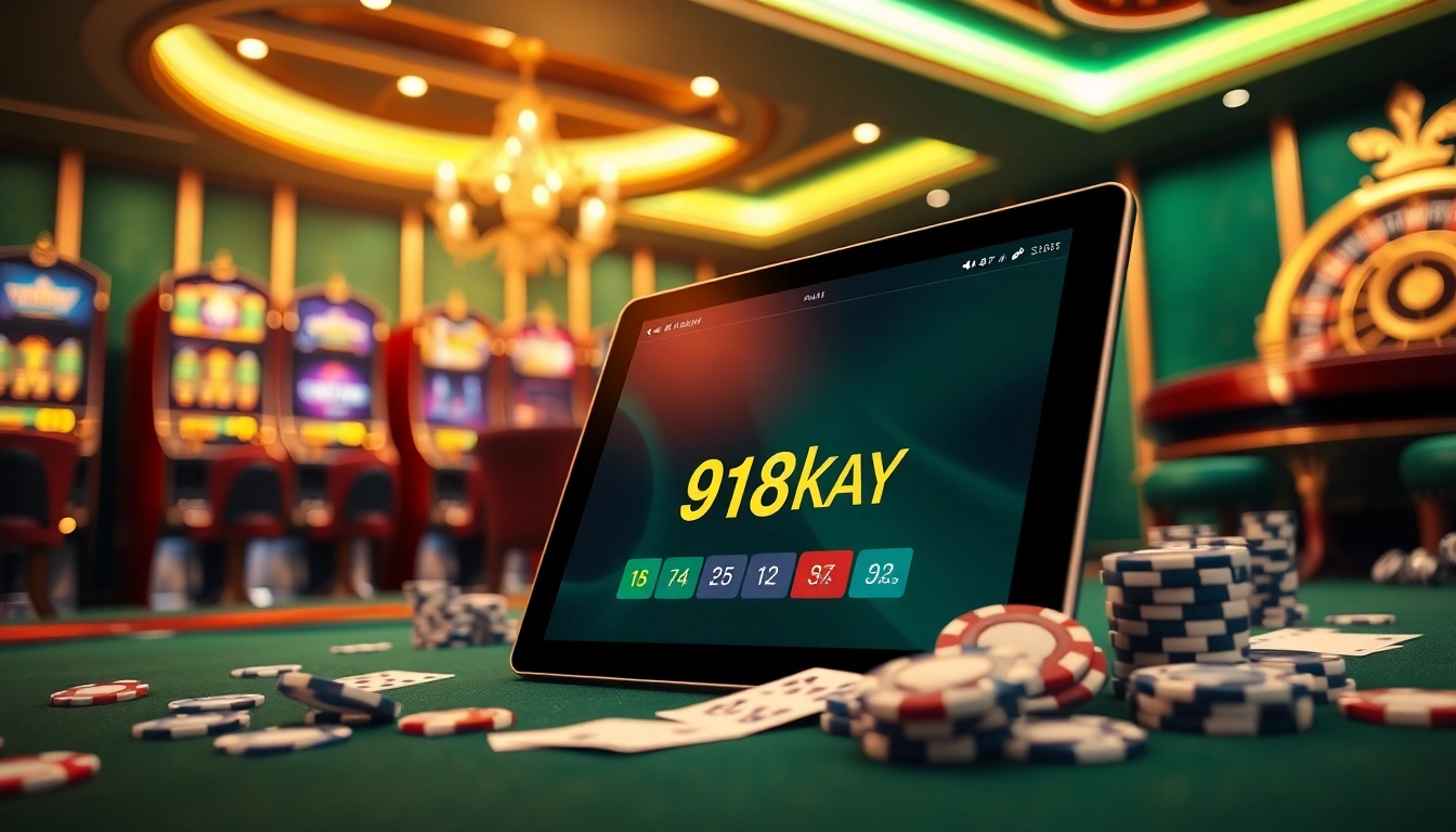 Experience the excitement of gambling with the 918kaya APK on a sleek tablet in a luxurious casino setting.