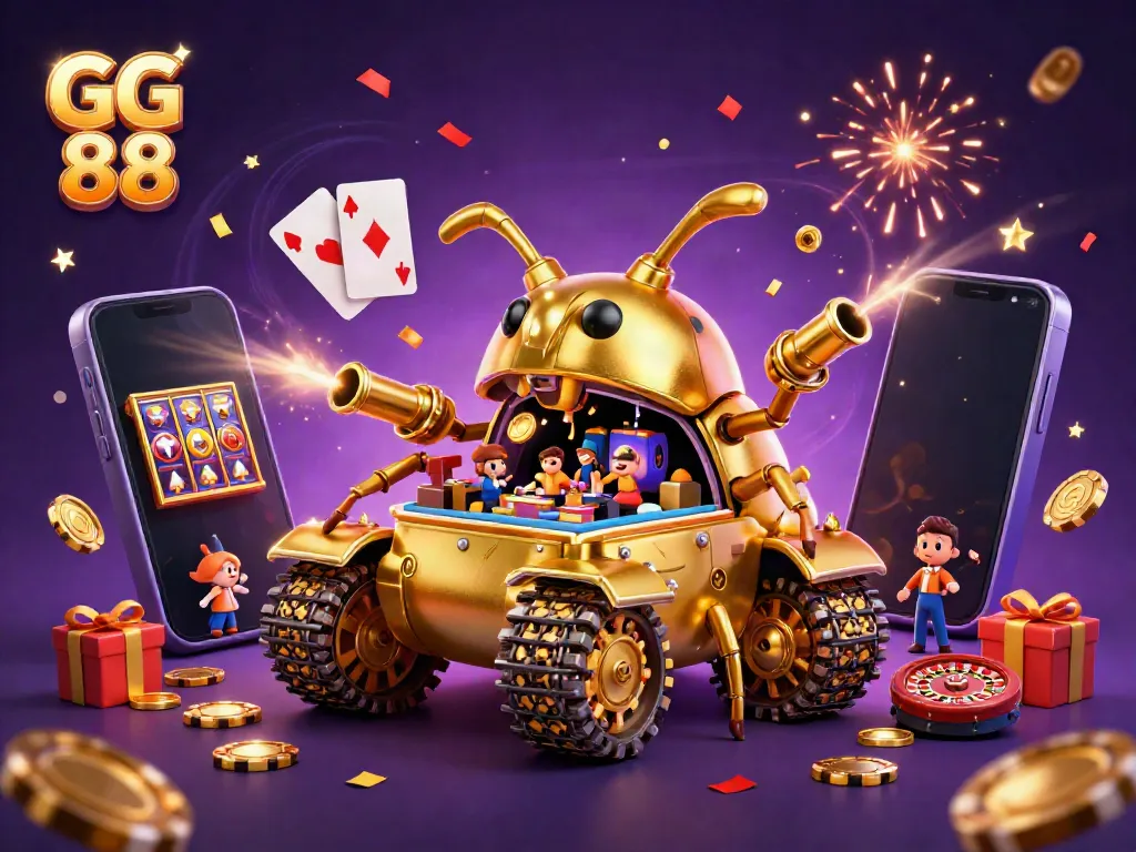 Experience the excitement of GG 88 in this vibrant 3D casino scene filled with dynamic gaming elements.