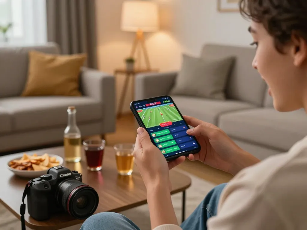 Engaging in sports betting on a smartphone with 9BET app in a stylish living room setting.
