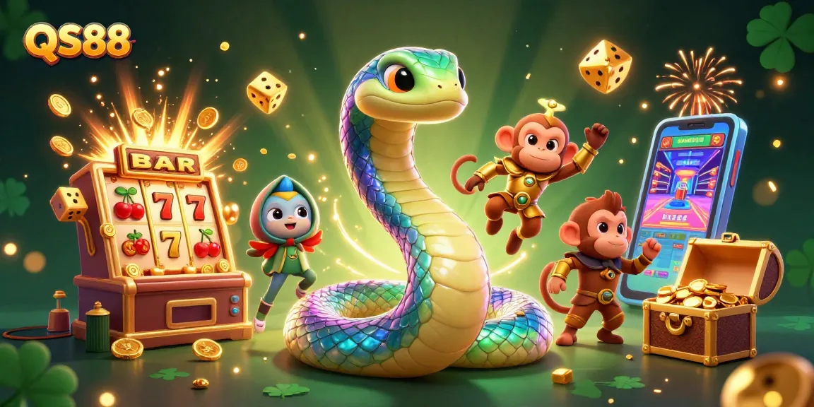 Experience excitement with QS88 in a vibrant casino scene filled with joyful elements and winning symbols.