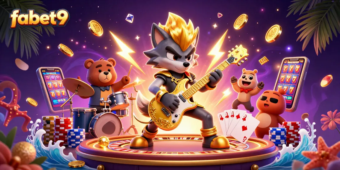 Experience dazzling fun at fabet9 with a wolf rock star and a bear drummer amidst flying poker chips and coins.