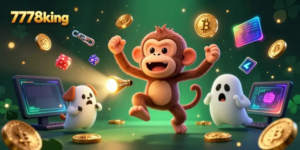 Engage in thrilling action at 7778king with a mischievous monkey juggling gold while a curious puppy investigates.