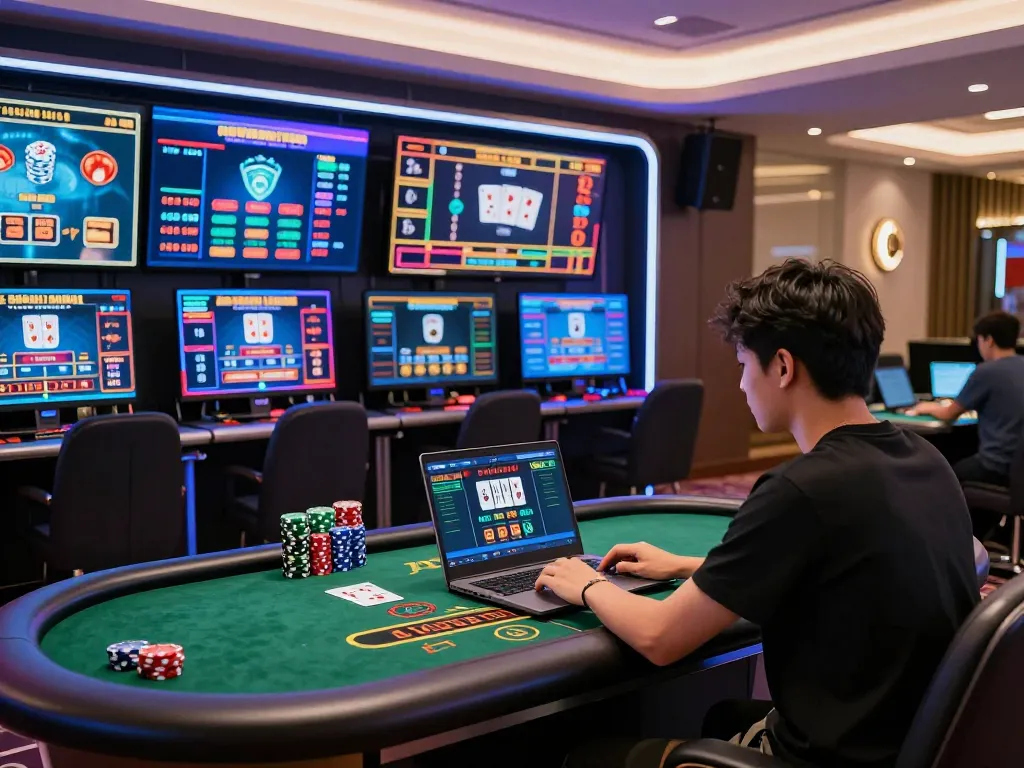 Engaged player enjoying Da88 online gaming at a stylish home setup with vibrant screens and chips.