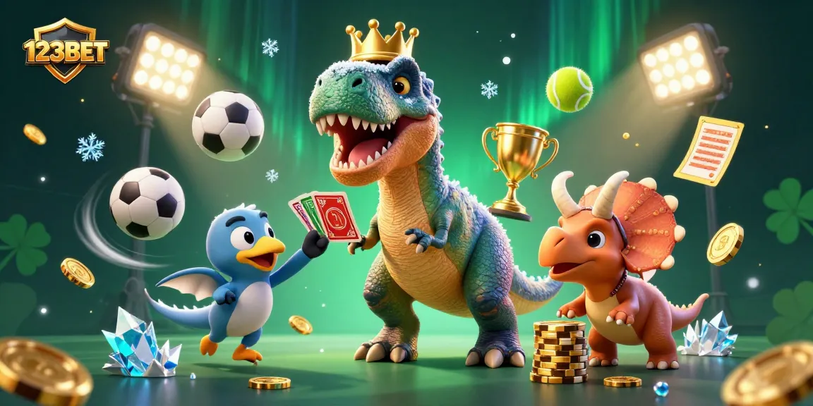 Engage in the thrilling world of 123BET with playful dinosaurs at a vibrant casino.
