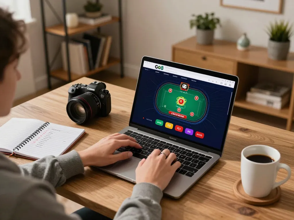 Engaging gameplay on Go8 casino app in a cozy home office setting, emphasizing online gambling experience