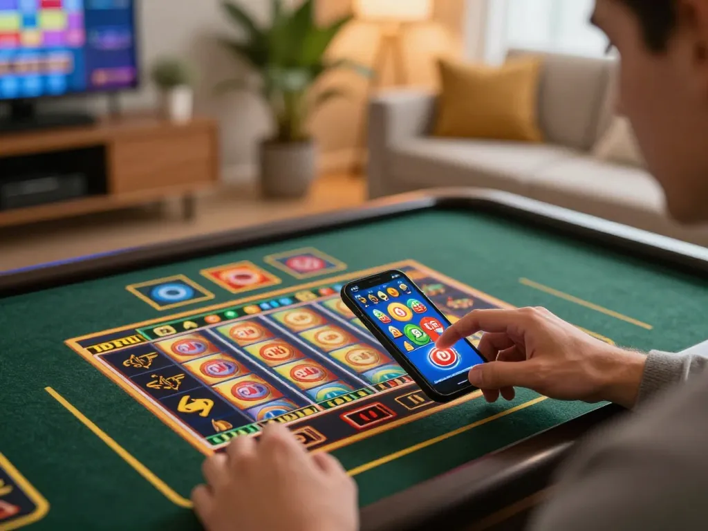 Engaged player exploring lu88vip slot games on smartphone, showcasing colorful gaming interface.