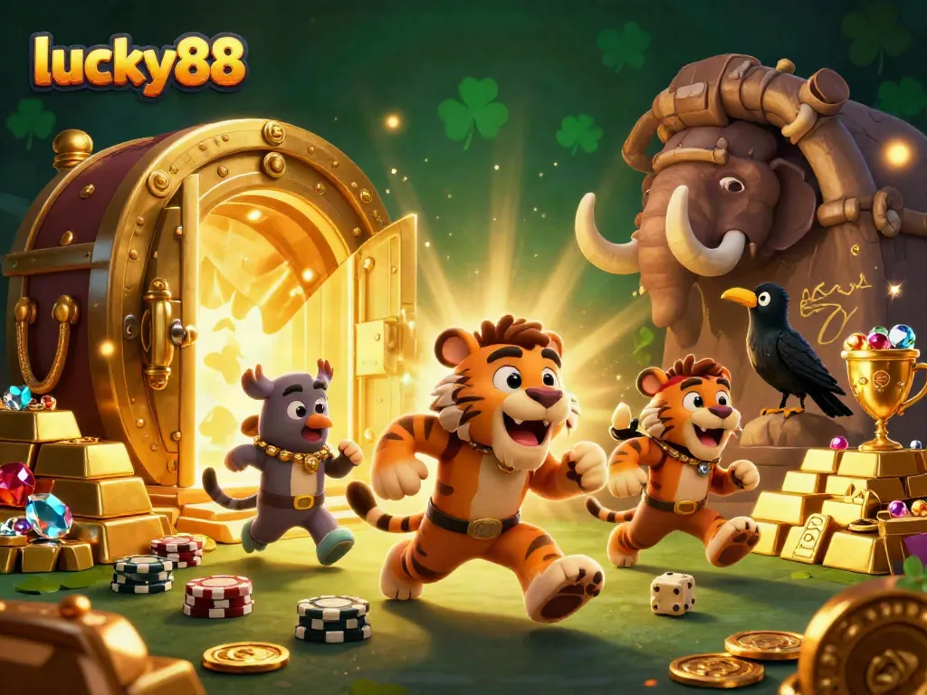 Lucky88 showcases a vibrant prehistoric casino scene with engaging characters, stone poker chips, and golden treasures.