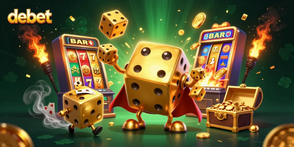 Experience the thrill of playing at debet with a dynamic casino scene featuring golden dice and slot machines.