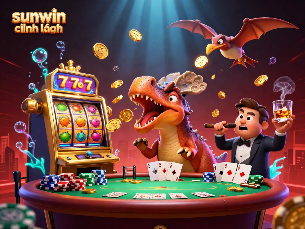 Experience the excitement of sunwin chính hãng as a dinosaur interacts with a jackpot slot machine amidst vibrant casino elements.