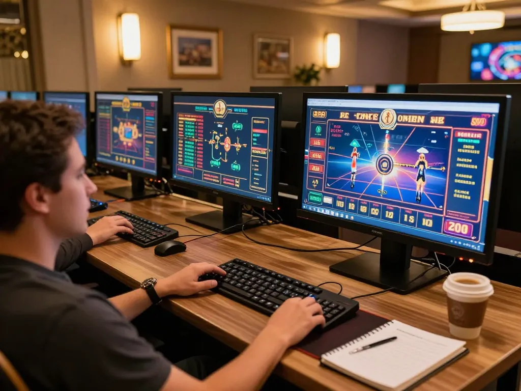 Player engaging with sin88 online casino interface, surrounded by strategy notes and coffee.