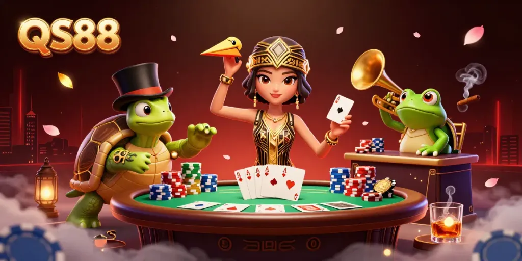 Experience thrilling games at QS88 with poker action and vibrant characters in a stunning illustration.