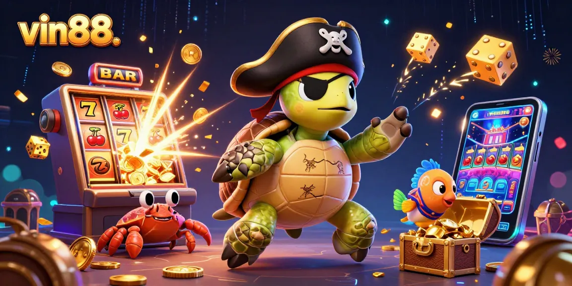 Engage in vin88. with vibrant, dynamic scene showcasing 3D pirate turtle, golden treasure, and casino elements.