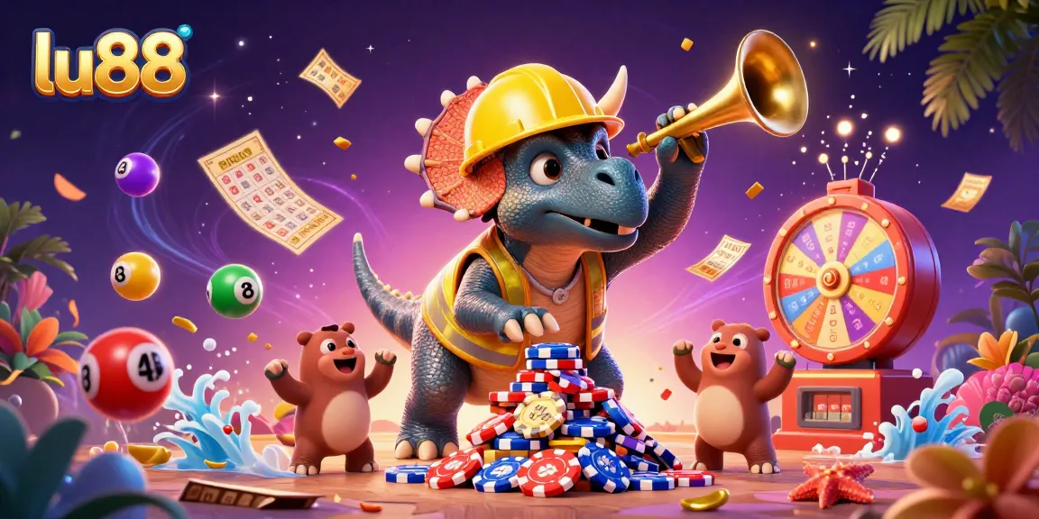 Experience the thrill of lu88 with playful characters building poker chip pyramids and lottery excitement.