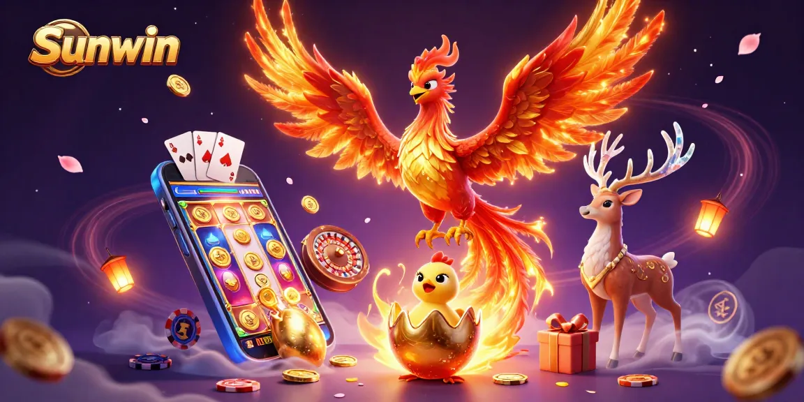 Sunwin illustrates an exciting casino scene with a phoenix, golden egg, and gaming elements.